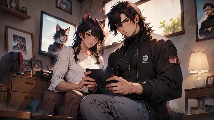 (junkotvv a girl con orejas de gato) and (neocruz a boy con barba y sin orejas de gato), playing video games together in a room ...