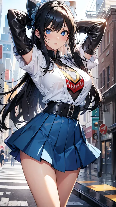 最high quality、Best image quality、masterpiece、With a girl((cute、20-year-old、Best Bust、Medium Bust、Bust 85,Beautiful Blue Eyes、Spread your chest wide,Long black hair、Slender、The best valley、、Blue Y-shirt、White short skirt,Show the whole body、Black perforated...