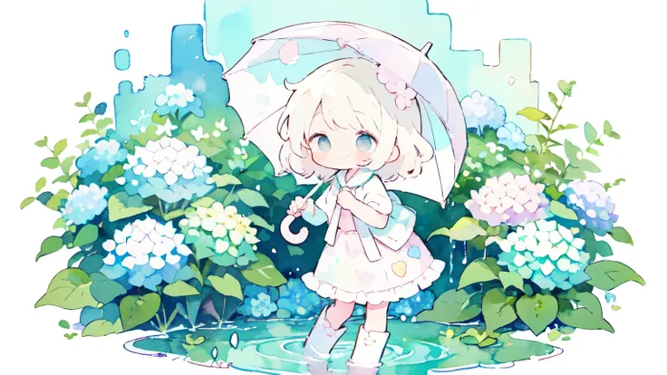 (pastel color:1.5), (Cute illustrations:1.5), (watercolor drawing:1.2), Translucent umbrella, Hydrangea, watercolor drawing, pale color, Have a transparent umbrella, Light beige hair, Wavy hair, short hair, white frill shirt, ribbon, ribbon on chest, AmiAm...