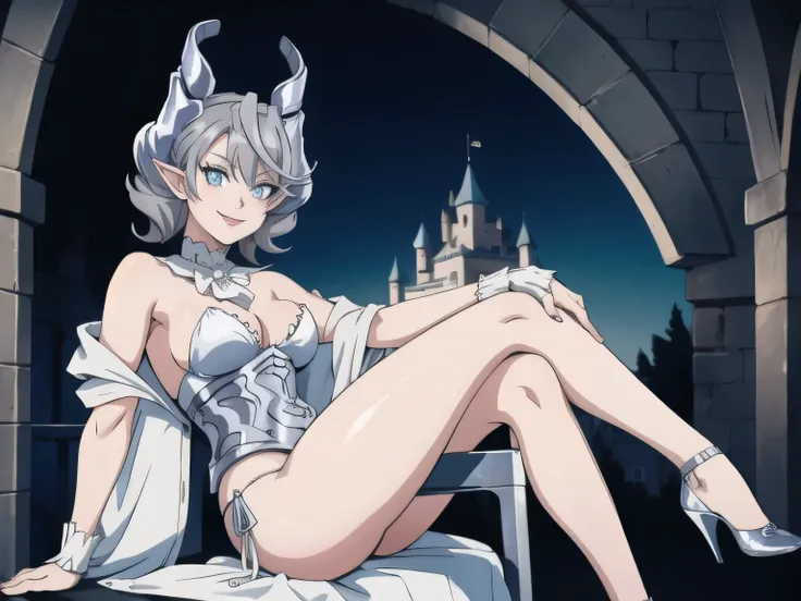  Outside castle top  High level image quality　best image quality　8K　 adult woman   silver castle outside  more colors   whole body view　portrait　 bikini   　horn    ears  　short hair（（shortcut）（gray hair）（perm）（fluffy））　eye color is blue ,  , 　attractive ev...