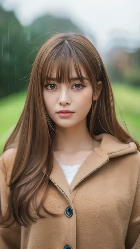 Best quality, 8k, ,Masterpiece :1.3)), facing viewer,((full body1.2)) ,pretty woman, wide shot ,1girl, , , rainy, , brown hair , bangs,ultra-detailed face, highly detailed lips, detailed eyes, double eyelid
