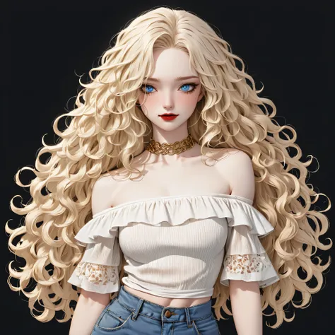 (young, woman, pale skin, blue eyes:1.3), long blonde curly hair, (muscular body, small breasts:1.1), (red lipstick, black eye m...