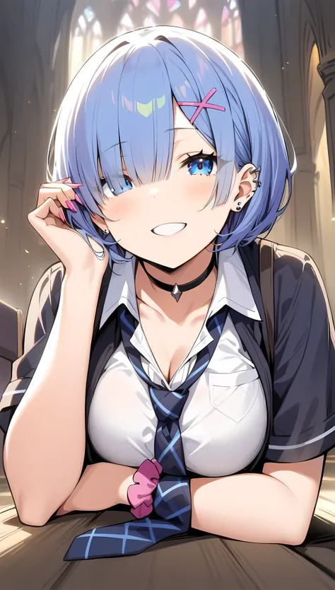 masterpiece, best quality, very aesthetic, absurdres,1girl, ,rem_(re:zero), re:zero_kara_hajimeru_isekai_seikatsu, 1girl, blue_eyes, short_hair, blue_hair, hair_over_one_eye, asymmetrical_bangs, x_hair_ornament, black_hair, blunt_bangs, breasts, hairband,,...