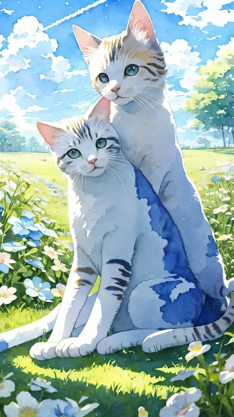 Watercolor、Cat、Cumulonimbus、blue sky、Contrail、morning、summer、youth、Cat一匹、love、beautiful、high resolution、cute、Grass、