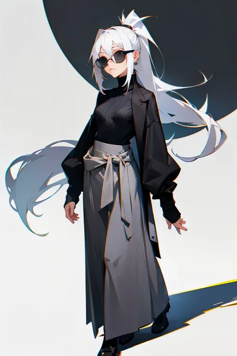 Older sister, thin, small breasts, white hair in a ponytail, wears sunglasses, black eyes, wears a sweater, how does she breathe? Gray eyes, wears a long skirt.