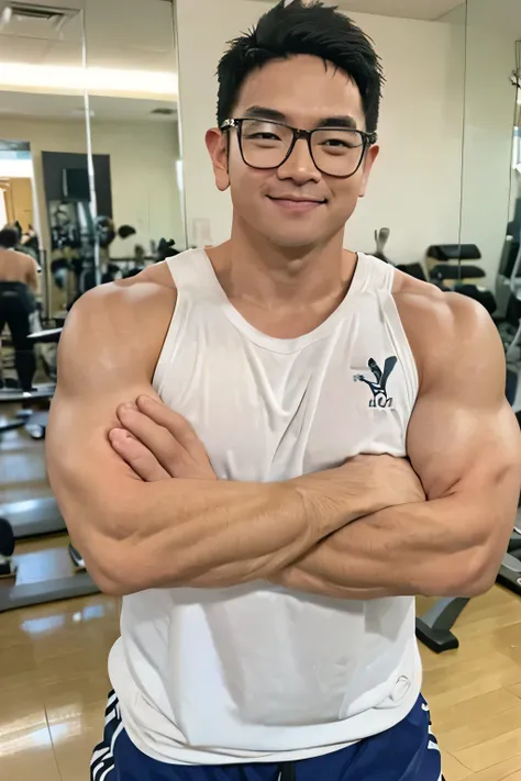 eddie, eddie, a man with a toned body, wears glasses and flexes his muscles at the gym, (realistic:1.2), high quality, 4k, camer...