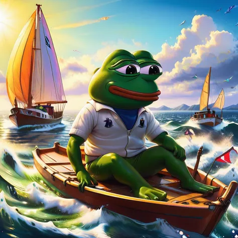 pepe the frog, race sailing, anthropomorphic frog character, frog sailing boat, dynamic sailing pose, splash water effects, sunn...