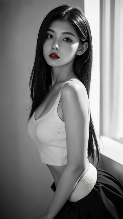 (((Black and White Art:1.2、Black and white photo、RAW photos、Film Grain)))、Beautiful woman、Small nose、((Full lips、Sexy red lips:1.3))、Attractive hairstyle、skirt、best quality、high resolution、high resolution、light、Black and white photo、Professional photograph...