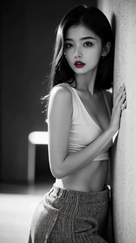 (((Black and White Art:1.2、Black and white photo、RAW photos、Film Grain)))、Beautiful woman、Small nose、((Full lips、Sexy red lips:1.3))、Attractive hairstyle、skirt、best quality、high resolution、high resolution、light、Black and white photo、Professional photograph...