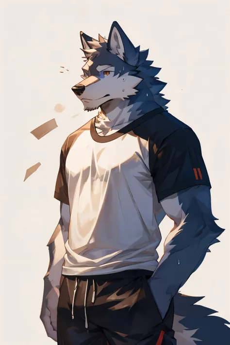 solo, male, wolf, wearing shorts, wearing t-shirt, sweat, pale_background, fullbody