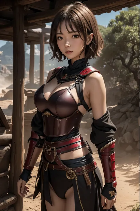 8K,荒れた大地adventure者の衣装,Traveling through the dusty wilderness,Light brown short hair,so beautifulな日本の女性, Red and black large breasted breastplate(Devil&#39;s Crest),so beautiful(Like the real thing),Red and black shoulder armor for the left shoulder(Devil&#...