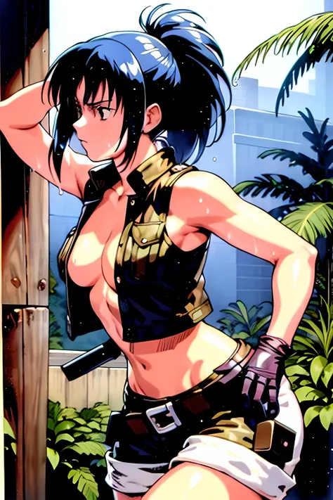 masterpiece, best quality, anime 1990s (style, leona heidern,  naked, fully open vest, short,jungle, pony tail, wet, serious, gloves, , sleeveless, metal slug , belt