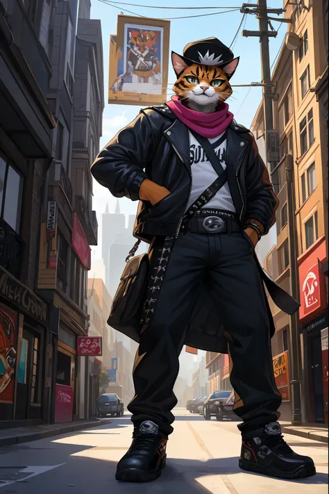 a painting of a cat wearing a hat and scarf, trending in the art station, dressed in punk clothes, detailed hyper realistic rendering, british gang member, street style, intimidating pose, planet of the cats, clothes with fashion, urban samurai, meow, west...