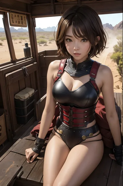 8K,荒れた大地adventure者の衣装,Traveling through the dusty wilderness,Light brown short hair,so beautifulな日本の女性, Red and black large breasted breastplate(Devil&#39;s Crest),so beautiful(Like the real thing),Red and black shoulder armor for the left shoulder(Devil&#...