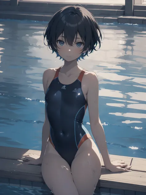 ultra-Top-quality by art God, ultra-detailed, high resolution, shinkai makoto style, anime moe artstyle, best anime 8k konachan wallpaper, pixiv contest winner, perfect anatomy, break,(Please draw a picture of a girl in a swimsuit sitting sleepily on a ben...