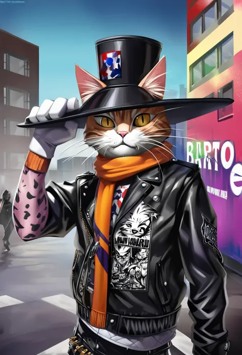 a painting of a cat wearing a hat and scarf, trending in the art station, dressed in punk clothes, detailed hyper realistic rendering, british gang member, street style, intimidating pose, planet of the cats, clothes with fashion, urban samurai, meow, west...