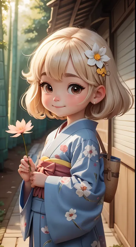 Create a loli baby chibi version of the Alice character in an 8K resolution. A short-haired girl is wearing a kimono with a carp pattern, holding a paper umbrella and wearing a hairpin in a bamboo forest, Its sunny, Detailed eyes, clear outlines, kawaii po...