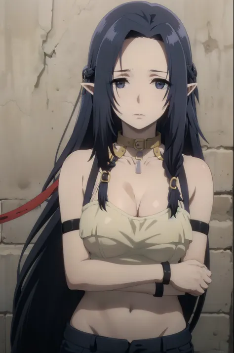 ((collar,leash,tied up,bondage,scared expression)),black hair,black eyes,((shorts,top-tank)),dark blue hair,,long hair,blue eyes...