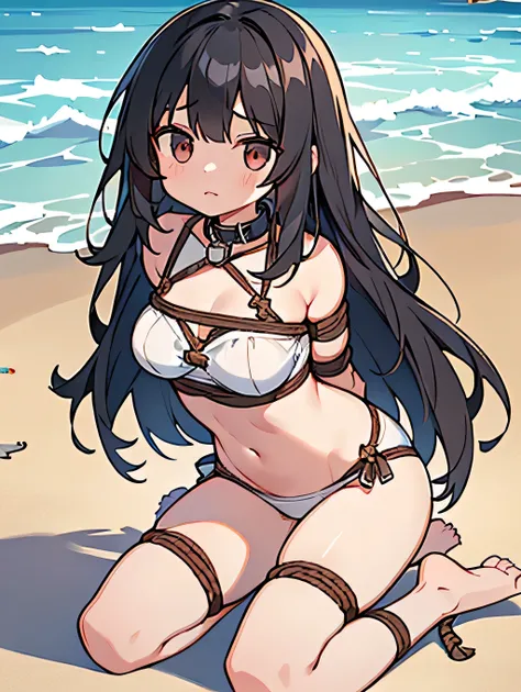 4k HD,perfect,Exquisite,girl,long black hair,jersy,Small Breasts,full body portrait,((Rope restraint, arms behind the back, hands behind the back, rope restraint, hand restraint, rope restraint, feet rope restraint, groin on the beach, slim figure collar))