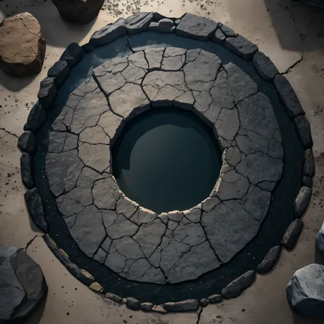 a circle of crumbling stones in the center of a lava lake, minimalism, borderless, paper texture, color logo, 2D, centered, no tipping over, top down view, warm and dark tones, best quality, 4k, 8k, highres, masterpiece:1.2, ultra-detailed, realistic, phot...