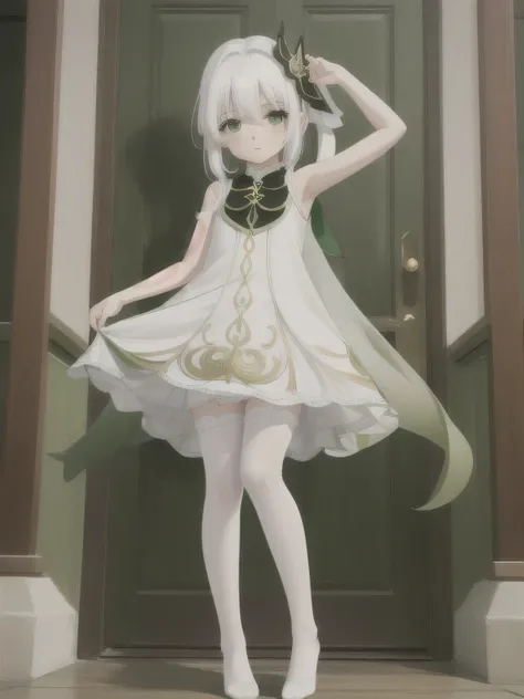 Nacida Girl,,bare arm,Bare back,, masterpiece, best quality,White pantyhose，Disdainful look，White hair，full-body shot，Green Dress，Lift up your skirt