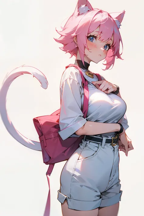 Cute girl, short white hair, white cat ears, white cat tail, black eyes, rosy cheeks, pink hair tie, big breasts, short pants