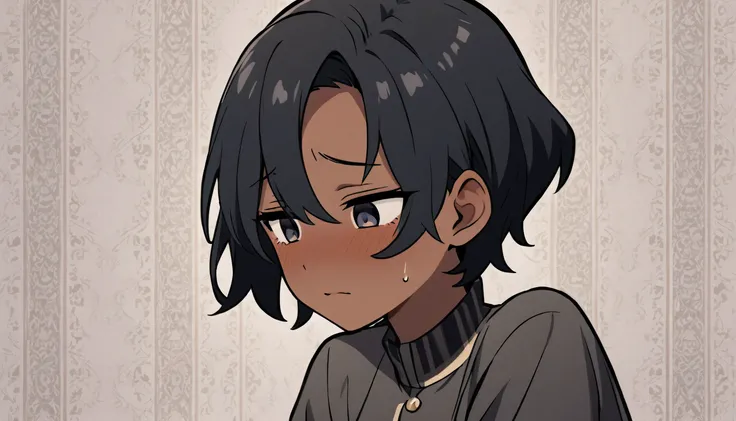 dark skin girl，Shy, shy，short hair，Black short hair，Natural facial expression，one person，Comic style wallpaper，dark skin