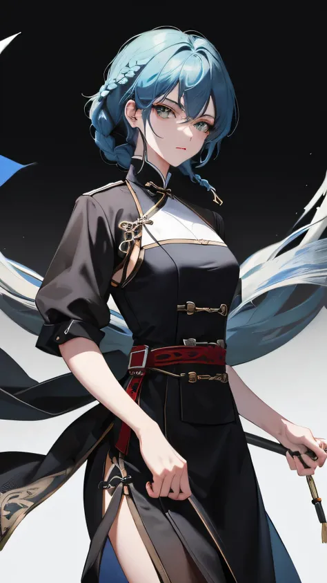 Masterpiece, Best quality, 1 Female, Mature Woman, Elder Sister, Royal Sister, Cold Face, strong, green eyes, wolfcut short hair, smoky mix blue color hair, resolute eyes, simple black Taoist Taoist uniform, black accessories, Chinese mix morden, frontal p...