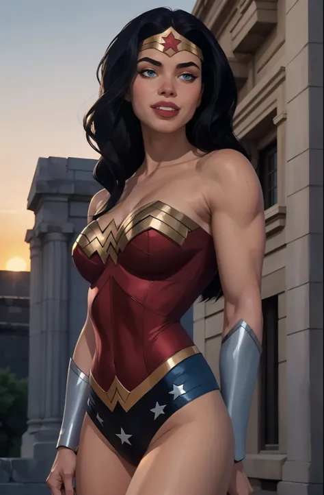 comics wonder woman, long black hair, ((medium breasts)), smiling closed, blushing, realistic hair, cinematic, realistic skin, (...