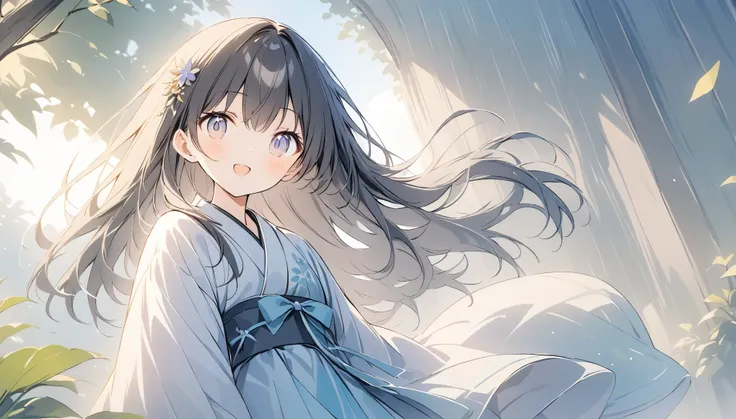 Crystal clear image quality、wood漏れ日、Lens flare、wood々The grounds are overgrown with、girl wearing kimono、The wind blows my hair to the left、Illustration in motion、Japanese taste、Black Hair、long hair、hair ornaments、Looking at this、cute