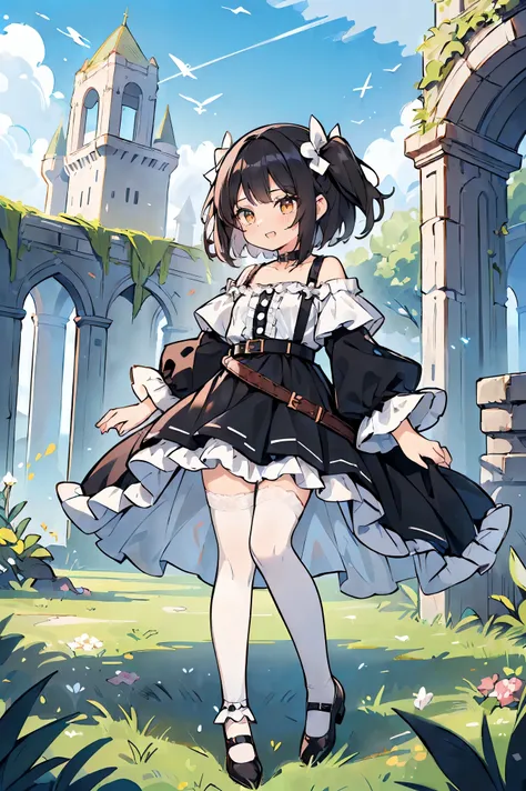 1 girl, solo, full body, standing, background with((fantasy world, ruins, fort, beautiful sky, shining sky, sunshine, castle:1.5...