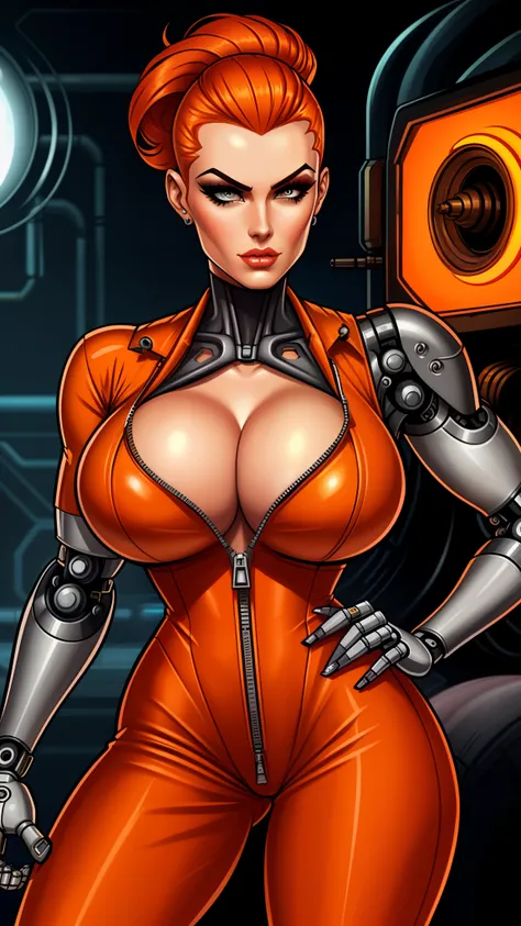 Femme Fatale, gorgeous mechanic, atompunk, blank background, retro-futurism, mechanical hand, cybernetic augments, unzipped orange jumpsuit, gunmetal grey, cleavage, half shaved head, ginger hair