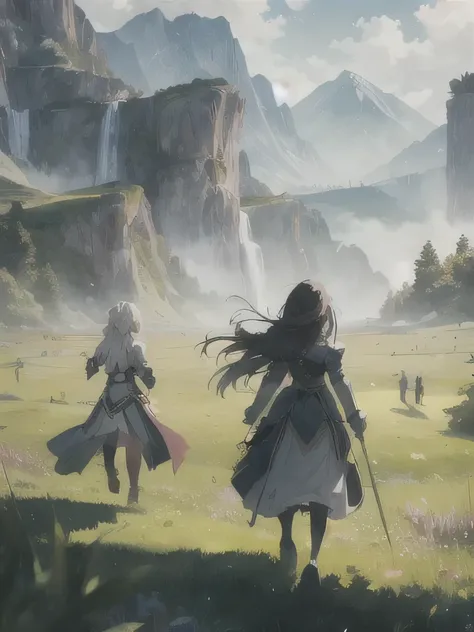 A girl leading a group of knights stands on a green meadow..
With a brave look, She guides them to their destination..
Blake behind her, The green forest spreads、Beyond that, Mountains in the distance々stands tall.
Break: The best effect for this scene is、I...