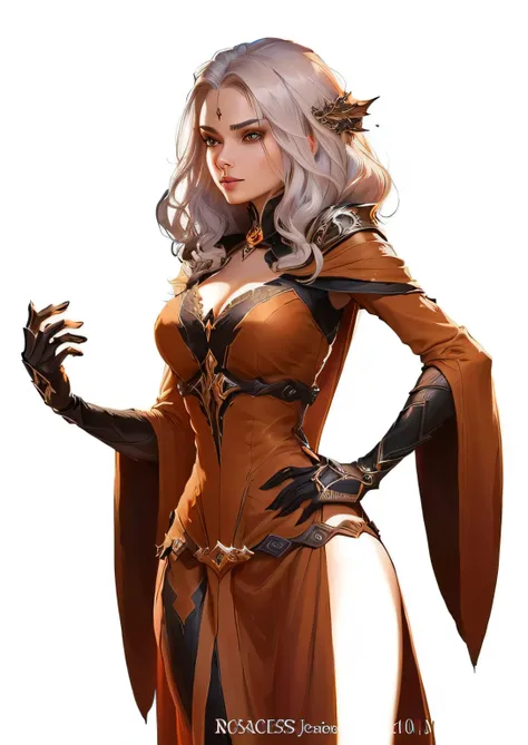 a cartoon of a woman in a brown dress with a black background, epic exquisite character art, fantasy character art, stunning character art, human :: sorceress, fantasy character design, complex fantasy character, supervillain sorceress witch, rpg character...