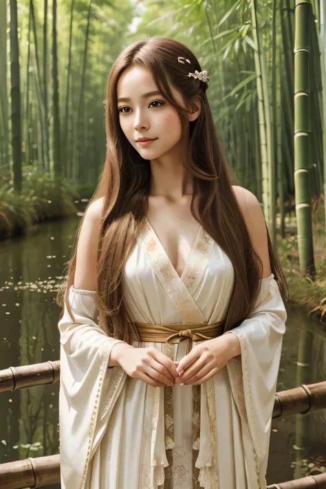 masterpiece, best quality, official art, 8k wallpaper, highly detailed, illustration, 1 girl, too long hair, long hair, detailed eyes, forrest, bare shoulders, hanfu,lakes, pure, soft smile,bamboo,Tea