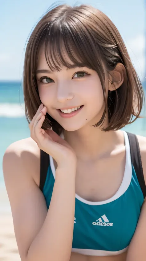 closeup shot , Best picture quality (8K, high resolution, Masterpiece: 1.2), super detailed,  215 Short Hair, 16-year-old woman, 

Female beach volleyball players



, random cute pose ,big eyes ,Puffy eyes ,  Heart Pupil, blush  , huge shy smile , salute
...