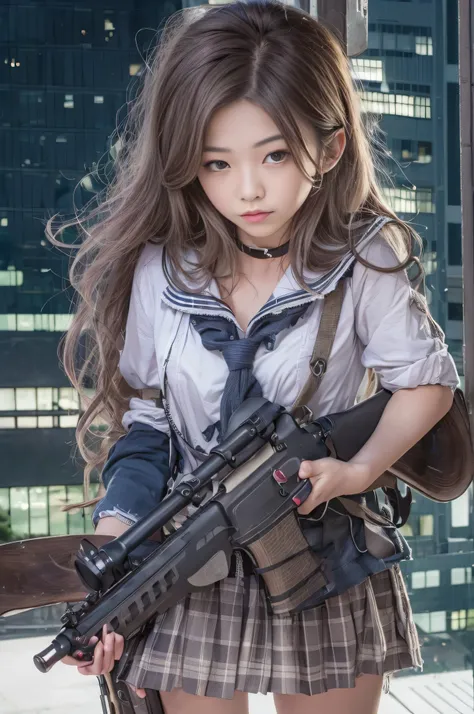 (Raw quality:1.4), 1 female、(so beautiful)、(Beautiful Face:1.5)、(Detailed face)、Are standing、(High School Uniform)、Dark blue jacket、White shirt、tie、Checked mini skirt、Brown Hair、(Heavy makeup)、(Hold the rifle)、(Point your rifle:1.5)、H&In the case of hK416、...