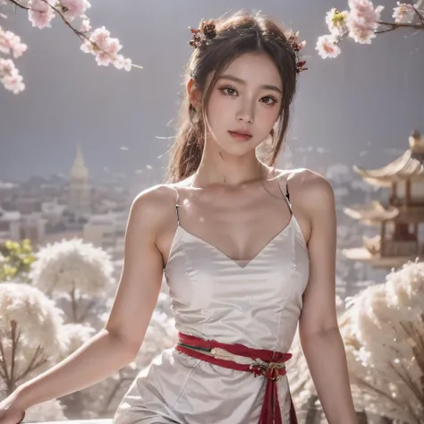 Blue sky and white clouds，Mountains in the distance、tower and many people，Pink flowers，Cherry tree，Hanfu woman,Phoenix crown tiara、Fine embroidery、穿Hanfu裤袜、Hanfu、穿长袖Hanfu、The legs are transparent and clearly visible、Look and、Exposed oversized breasts、Raw,(...