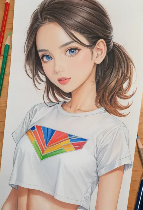  female，crop shirt，white，Art，colour pencil drawing，draft drawing 