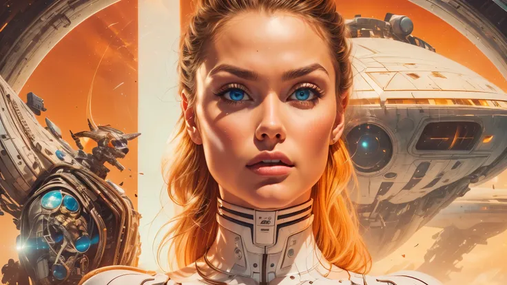 arafed image of a white woman in a futuristic suit with a spaceship in the background, movie art, in front of an orange background, inspired by Robert McGinnis, female protagonist, megastructure in the background, portrait of an ai astronaut, astronauts, a...