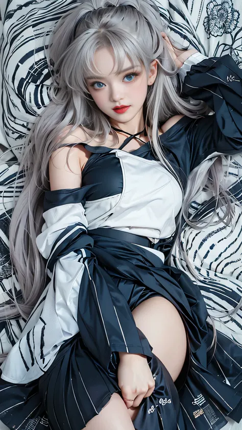 Real、high resolution、1 female、Hip Up、(Long eyelashes、)、（(Big Blue Eyes))、（Face details）、Gray Hair、Long Hair、((Off-the-shoulder maid outfit)）、 （(Lift-up skirt))、（(Black lace panties are visible)）,((Girl lying on sofa bed)),(、(Skirt soaring in the wind)）、(sl...