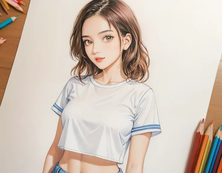 female,crop shirt,white,Art,draft drawing,colour pencil drawing,scan drawing