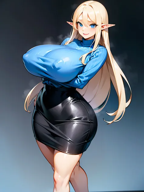 young elf girl, blue eyes, blue Pullover, black long skirt, whole body to see, smiled, excited, moans, blond long hair, sexy pose, big breasts, wide hips