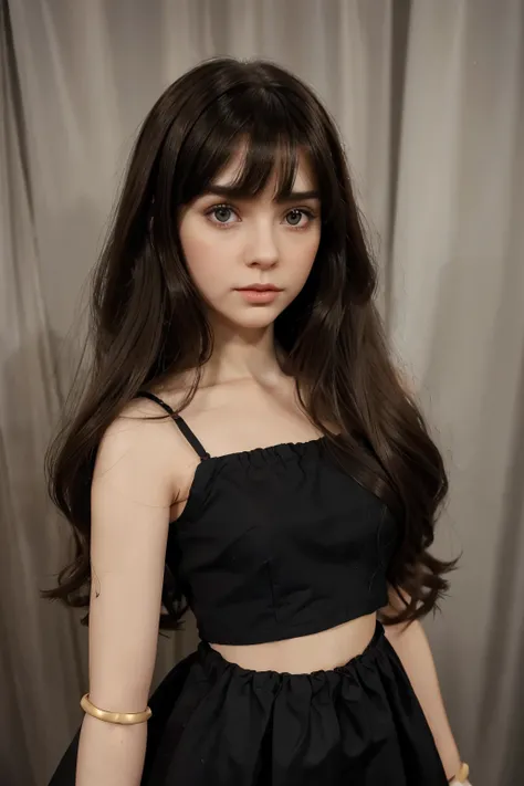 create a blythe doll with pale and fair skin and dark brown, cat or siren looking eyes wearing a black of- the-shoulder top. The doll should have dark brown, chest length hair with a blowout hairstyle and soft, big curtain bangs. The photo should have just...