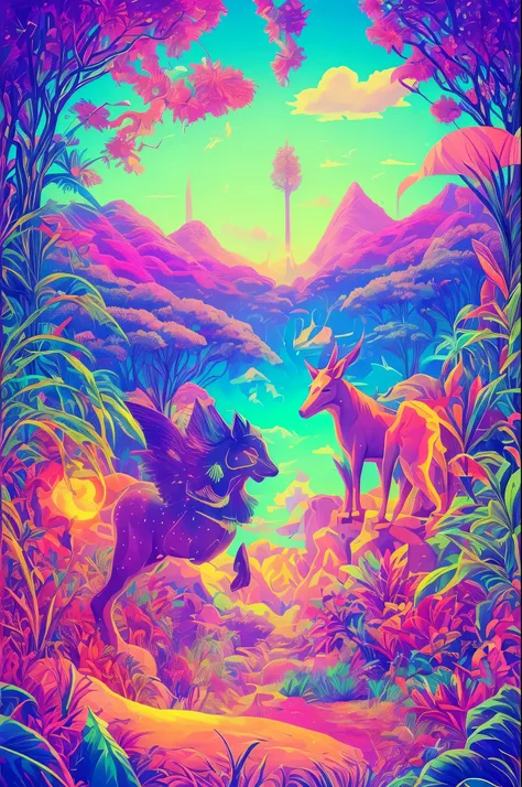 Surreal hallucinations of mystical animals, dreamlike landscapes, and floating geometric shapes, all glowing with neon lights, 70s psychedelic, synthwave aesthetic