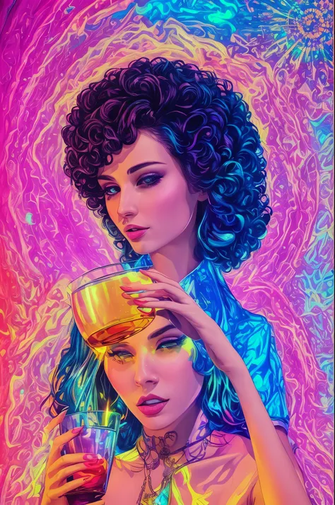 A beautiful woman drinking from a glowing, magical chalice with a fascinated expression, starting to hallucinate with colorful, surreal visions around her, 70s psychedelic, neon synthwave