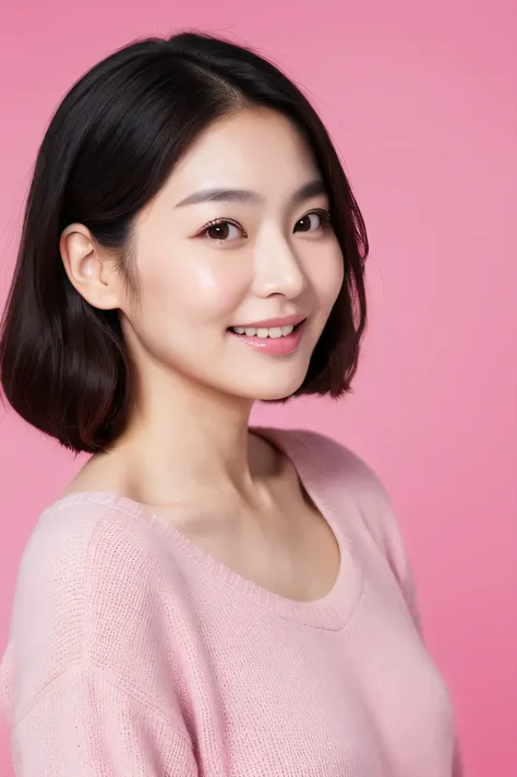 face perfect, beautiful face of a 40 year old Korean woman, with pink background,with beautiful smile 