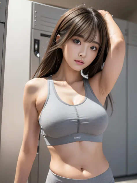 (masterpiece, ultra detailed, hyper detailed, exquisite, 16K, absurdres), RAW Photos, highest quality, Attractive girl, Stunning girl, Brown Hair, Shoulder Length Layered, asymmetrical bangs, brush up ones hair, Japanese model, (gray Sports Bra:1.2, gray L...