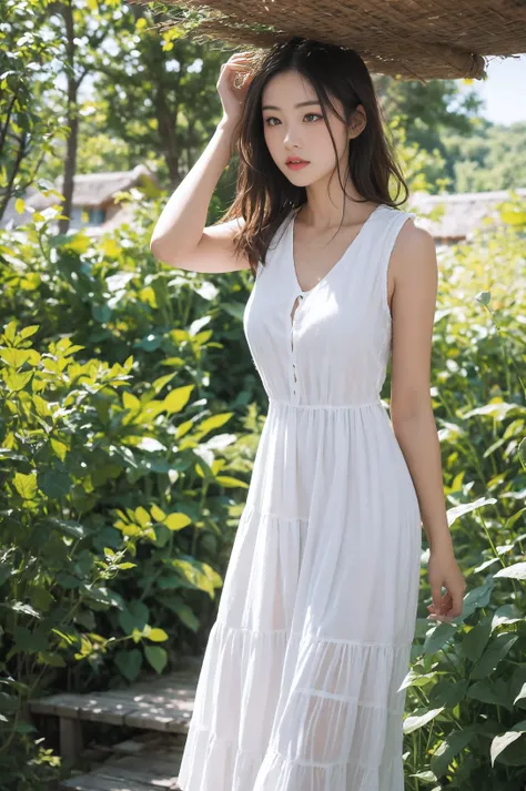 A beautiful woman with light delicately filtering through her hair, her summer dress is beautiful and shes standing in front of a cottage