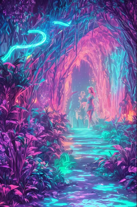 A beautiful woman following a mischievous elf into a mysterious grotto, with glowing crystals illuminating the path, 70s style, neon synthwave